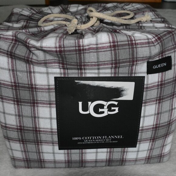 UGG Queen Cotton Flannel Sheet Set Cabernet Plaid - Picture 1 of 5